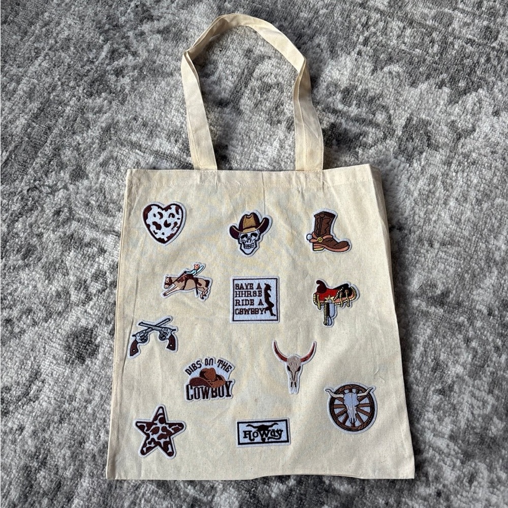 Beige Tote Bag with Western Patches